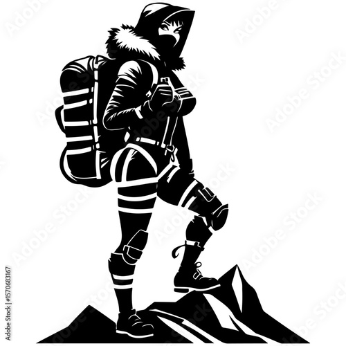 Sketchy sport emblem of charming tourist sportswoman with backpack on her shoulders on top of the mountain in monochrome. Engraving minimalistic vector in black ink drawing on transparent background
