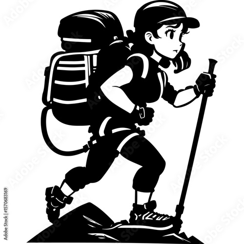 Sketchy sport emblem of hardy sportswoman tourist walks along a difficult section of a mountain route in monochrome. Engraving minimalistic vector in black ink drawing on transparent background