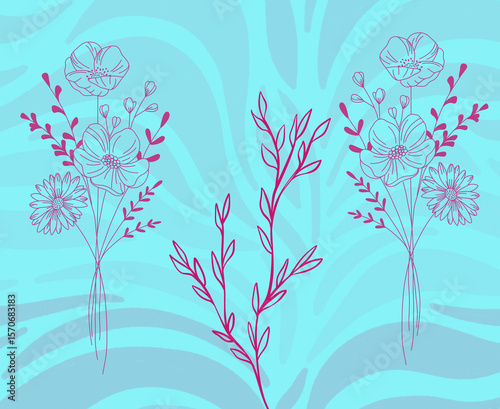 Abstract floral one-line drawing arrangement with background texture in fuchsia, grey and blue