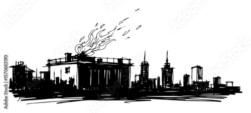 building fire on rooftop with city skyline sketch vector