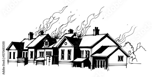 burning suburban houses residential fire sketch vector
