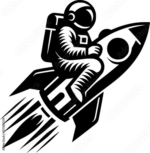 Sketchy cosmic emblem of brave astronaut riding a rocket in monochrome. Engraving minimalistic vector in black ink drawing on transparent background