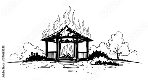black and white vector sketch burning garden gazebo
