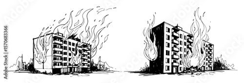 vector sketch apartment building complex in flames