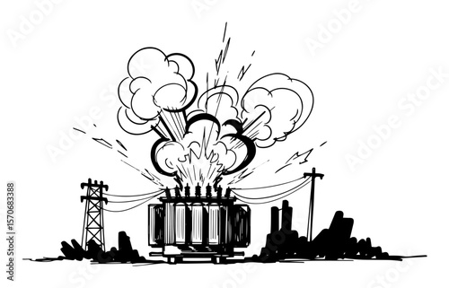 vector sketch power transformer explosion with smoke