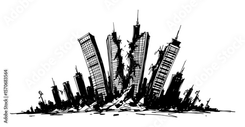 black and white vector sketch collapsing skyscrapers after earthquake