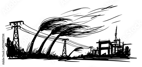 black and white vector sketch power lines damaged by hurricane