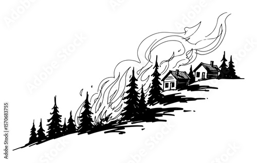forest wildfire threatening houses black and white vector sketch