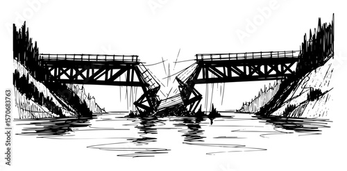collapsed bridge over river black and white vector sketch