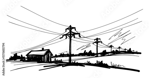 sagging power lines rural landscape black and white vector sketch