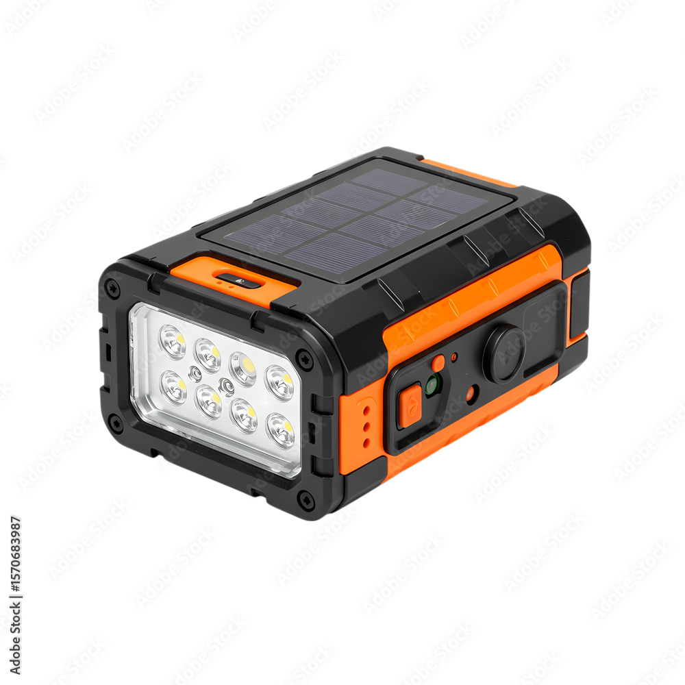 Fototapeta premium Portable Solar Power Bank: Bright LED Lantern & Rugged Bluetooth Speaker