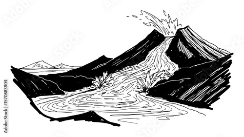 erupting volcano with lava flow black and white vector sketch