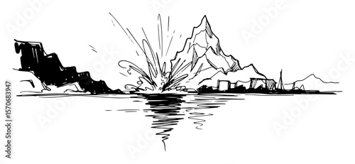 coastal mountain explosion splash black and white vector sketch