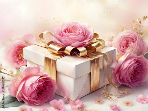 pink rose and gift box on white background