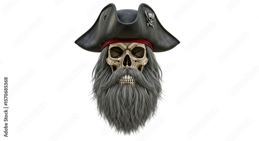 Fototapeta premium Skull Pirate With Long Grey Beard And Hat isolated on a transparent background bandana