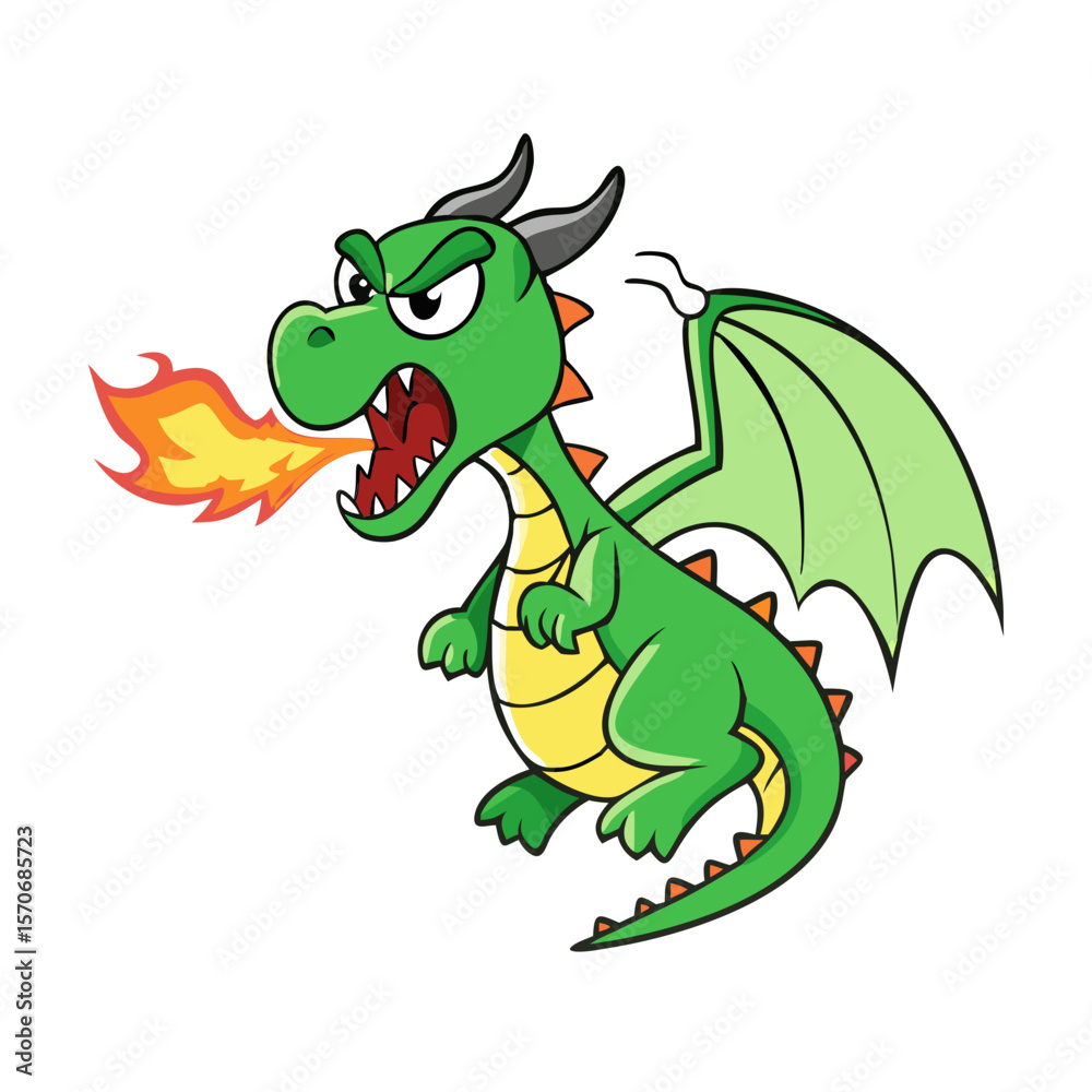 Fototapeta premium Angry green dragon cartoon character flying and spitting Fire 
