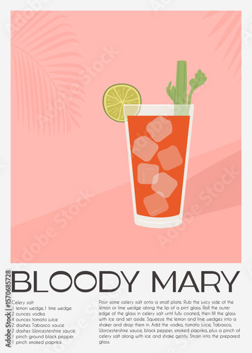Bloody Mary cocktail with ice cubes, celery stick, and lime garnish in a tall glass on a pink background. Poster of classic alcoholic drink made with vodka and tomato juice. Flat vector illustration.
