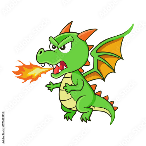 Angry green dragon cartoon character flying and spitting Fire 