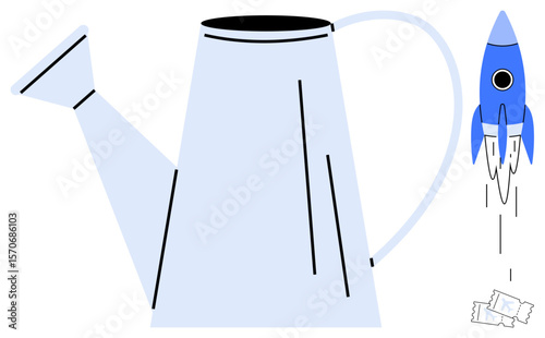 Large watering can beside a blue rocket in takeoff motion with scattered tickets. Ideal for growth, innovation, success, startup, creativity, leadership, and motivation concepts. Simple flat metaphor