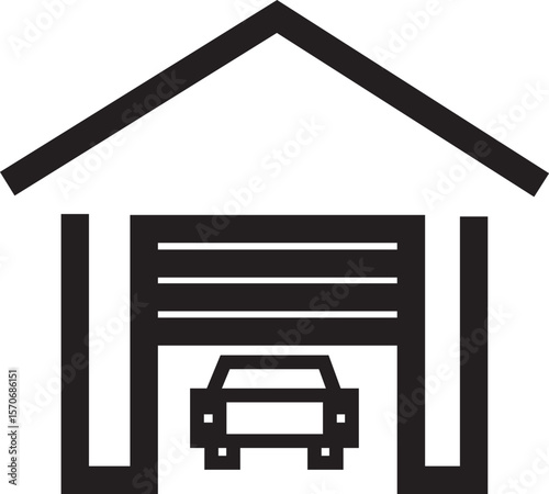 Simple and modern garage icon in black and white, perfect for illustrating residential buildings, parking spaces, home garages, or real estate concepts. This minimal design is ideal for UI/UX, web, mo