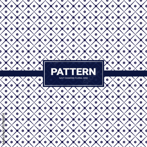 Elegant Navy Geometric Lattice Pattern with Floral Motifs – Seamless Decorative Background