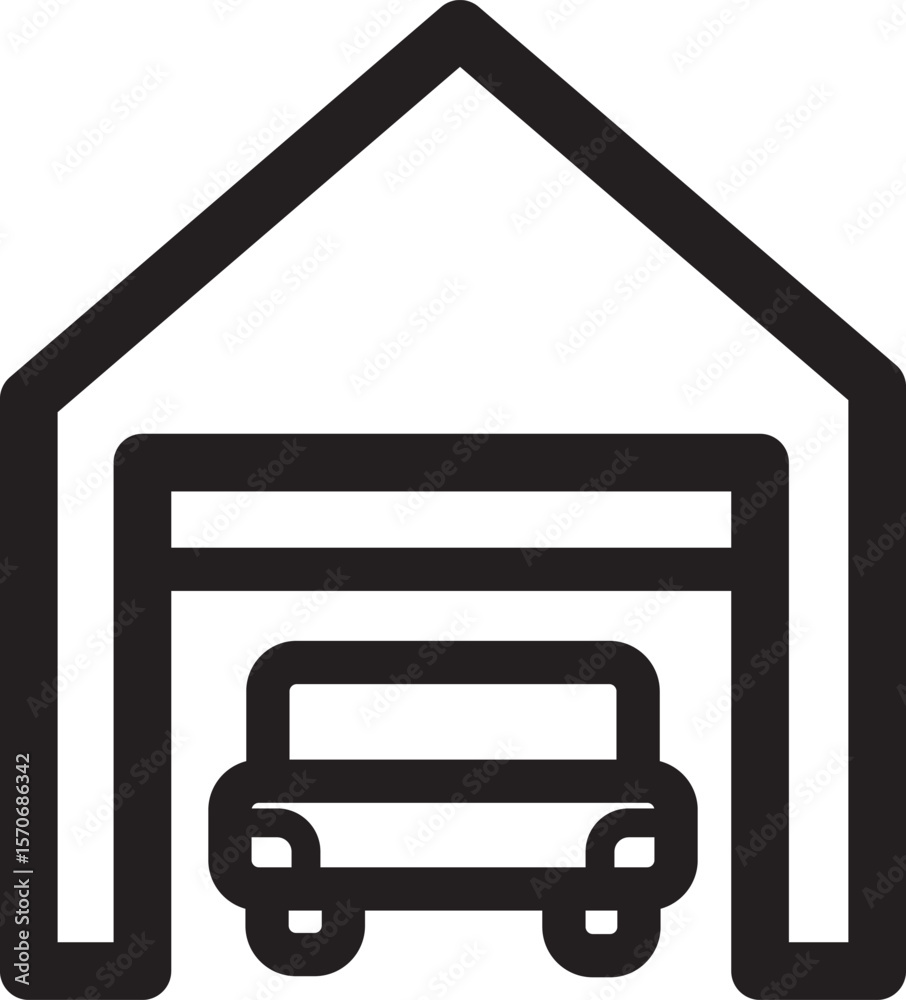 Simple and modern garage icon in black and white, perfect for illustrating residential buildings, parking spaces, home garages, or real estate concepts. This minimal design is ideal for UI/UX, web, mo Simple and modern garage icon in black and white, perfect for illustrating residential buildings, parking spaces, home garages, or real estate concepts. This minimal design is ideal for UI/UX, web, mo
