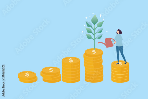 Woman watering a money plant growing from stacked coins symbolizing financial growth