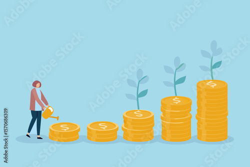 Person watering money coins to grow wealth and financial investment concept