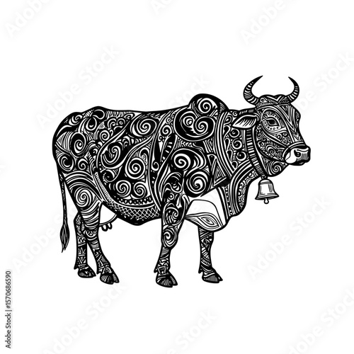 Sacred cow with bell in intricate black and white design  