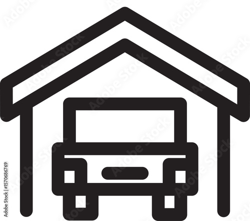 Simple and modern garage icon in black and white, perfect for illustrating residential buildings, parking spaces, home garages, or real estate concepts. This minimal design is ideal for UI/UX, web, mo