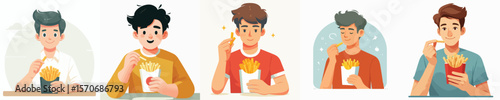 vector young man eating french fries