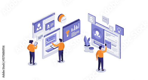 Isometric illustration of people interacting with digital interfaces and data analytics