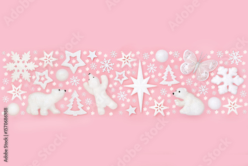 Wallpaper Mural Christmas North Pole polar bear snowflake star bulb snow pink decoration background banner. Fantasy concept design for Xmas, Yule, Noel. Greeting card, gift tag, label. Torontodigital.ca