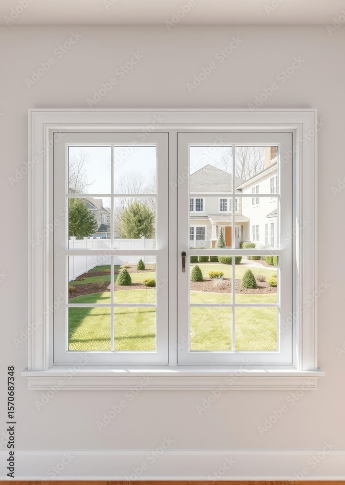 Fototapeta premium View from the kitchen window through white double-hung vinyl windows to a manicured yard in an upscale neighborhood the windows are the focal point but the kitchen around them is clean modern and