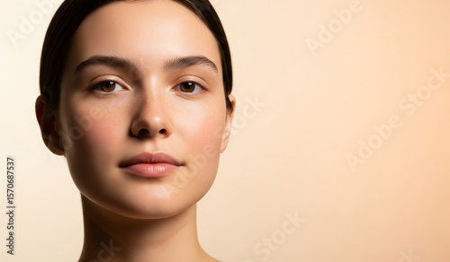 A close-up studio portrait of a young woman with a clear complexion and natural makeup, facing directly forward, with ample copy space on the right.