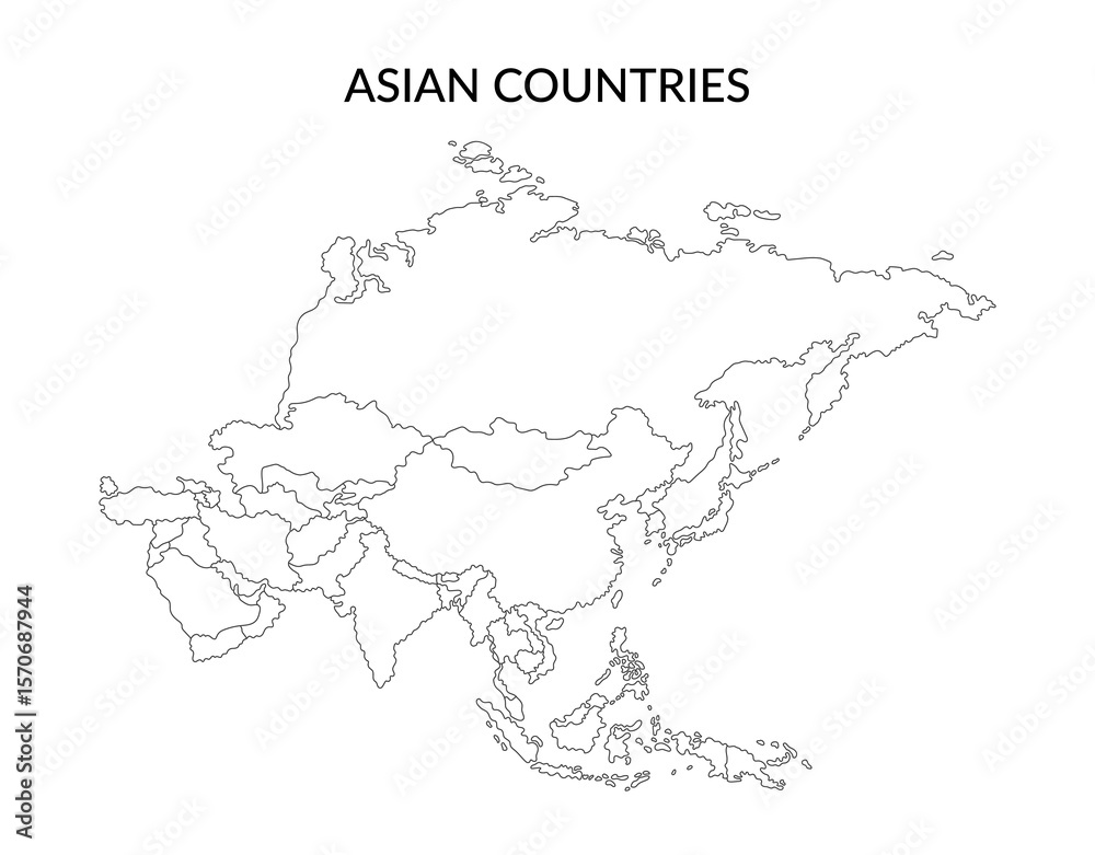 Obraz premium Asian countries area in line art style isolated on white background. Vector clipart.