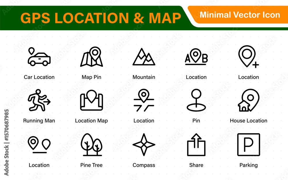 Fototapeta premium GPS Location Icons. Navigation Pointer, Route Map, Pin Drop, Compass Line Symbols. Travel and Direction Icon Set.