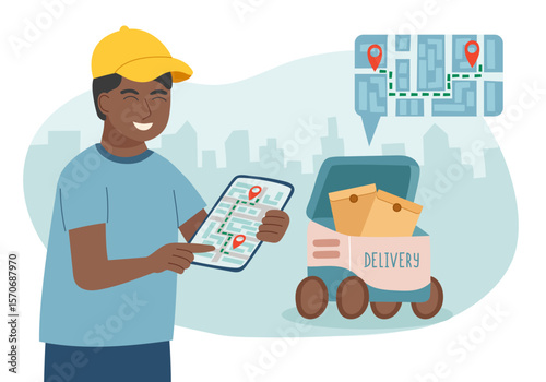 Сoncept of technology and robots delivery. A man creates a route on a gadget for the delivery robot. Vector flat background.