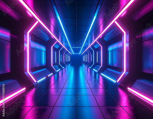 Futuristic neon-lit corridor with vibrant pink and blue glowing lines, reflecting on a sleek metallic floor.