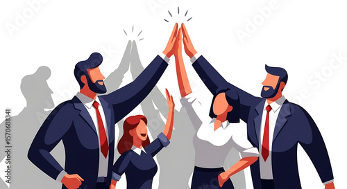 Business team celebrating success with high five gesture against white background