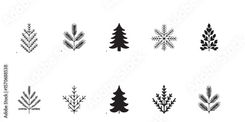 A collection of black and white christmas themed icons including trees and a snowflake on a white background
