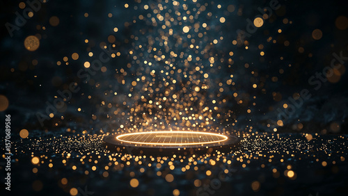 Glowing particles erupting from illuminated platform abstract background