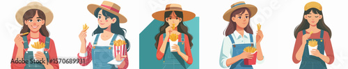 vector female farmer eating french fries