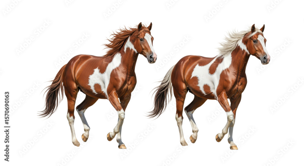 Fototapeta premium Two brown and white horses running isolated on a transparent background equine animal