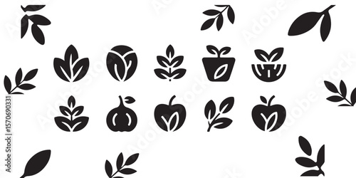A collection of black and white plant and fruit icons arranged on a white background pattern design