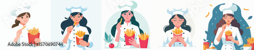 female chef vector eating french fries