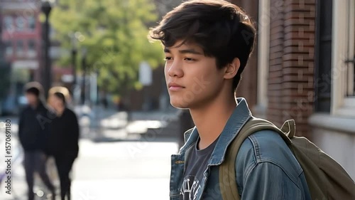 A young person wearing a backpack on a city street looking into the distance.