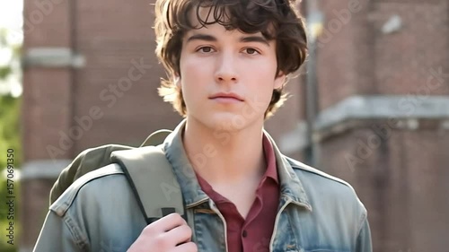 A young male student confidently posing with a backpack in front of a classic red-brick building.