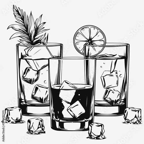 whiskey cocktails with ice sketch illustration vector