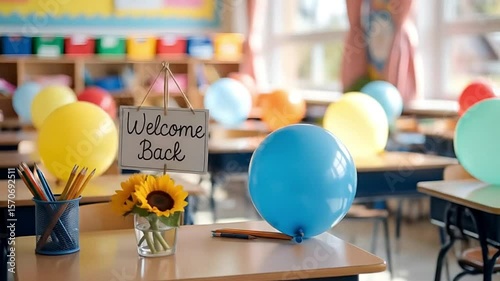 Welcome back to school! A cheerful scene with balloons, sunflowers, and a welcome sign inside a classroom, setting the stage for a new academic year.